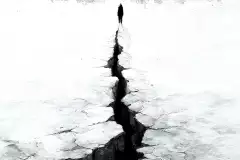 schwarz-weiß Illustration einer Person, die vor einer Kluft steht