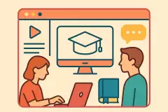 Skizze eines Onlinekurses mit zwei Figuren, eine sitzt an einem Laptop, die zweite ist mit Sprechblase dargestellt.